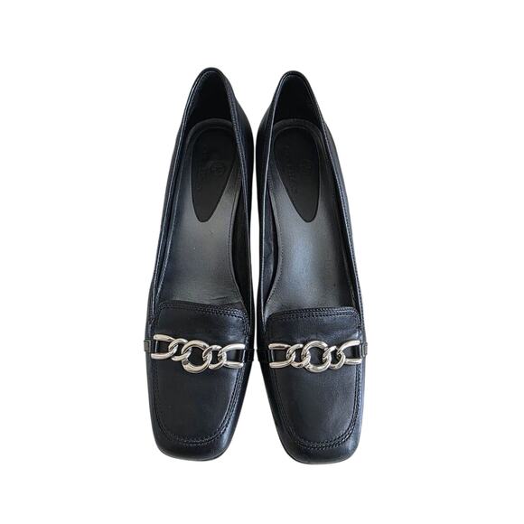 Cole Haan Classic Square Toe Black Leather Pumps Silver Tone Chain Link - Picture 2 of 7